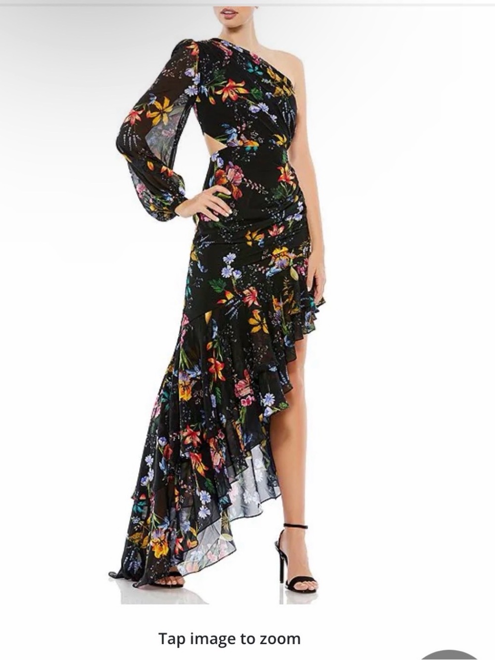 Mac Duggal Leena asymmetrical dress - black with floral motif